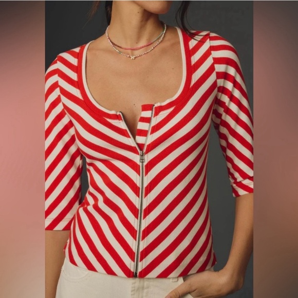🆕 ANTHROPLOGIE'S MAEVE Red Orange Chevron Striped Front-Zip Scoopneck Top XS - Picture 3 of 14